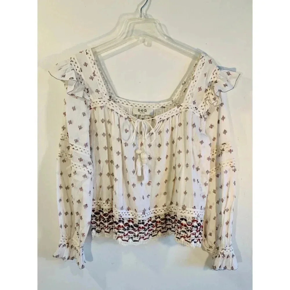 Sea New York Cream Peasant Blouse with Red Accent Trim